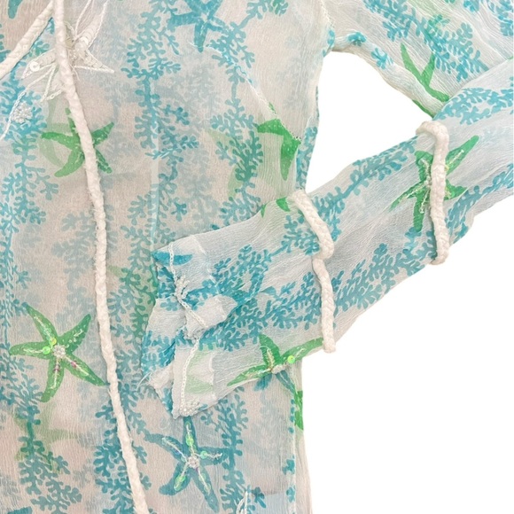 Letarte sheer handmade 100% silk beaded tunic top white & turquoise size small - Picture 9 of 11